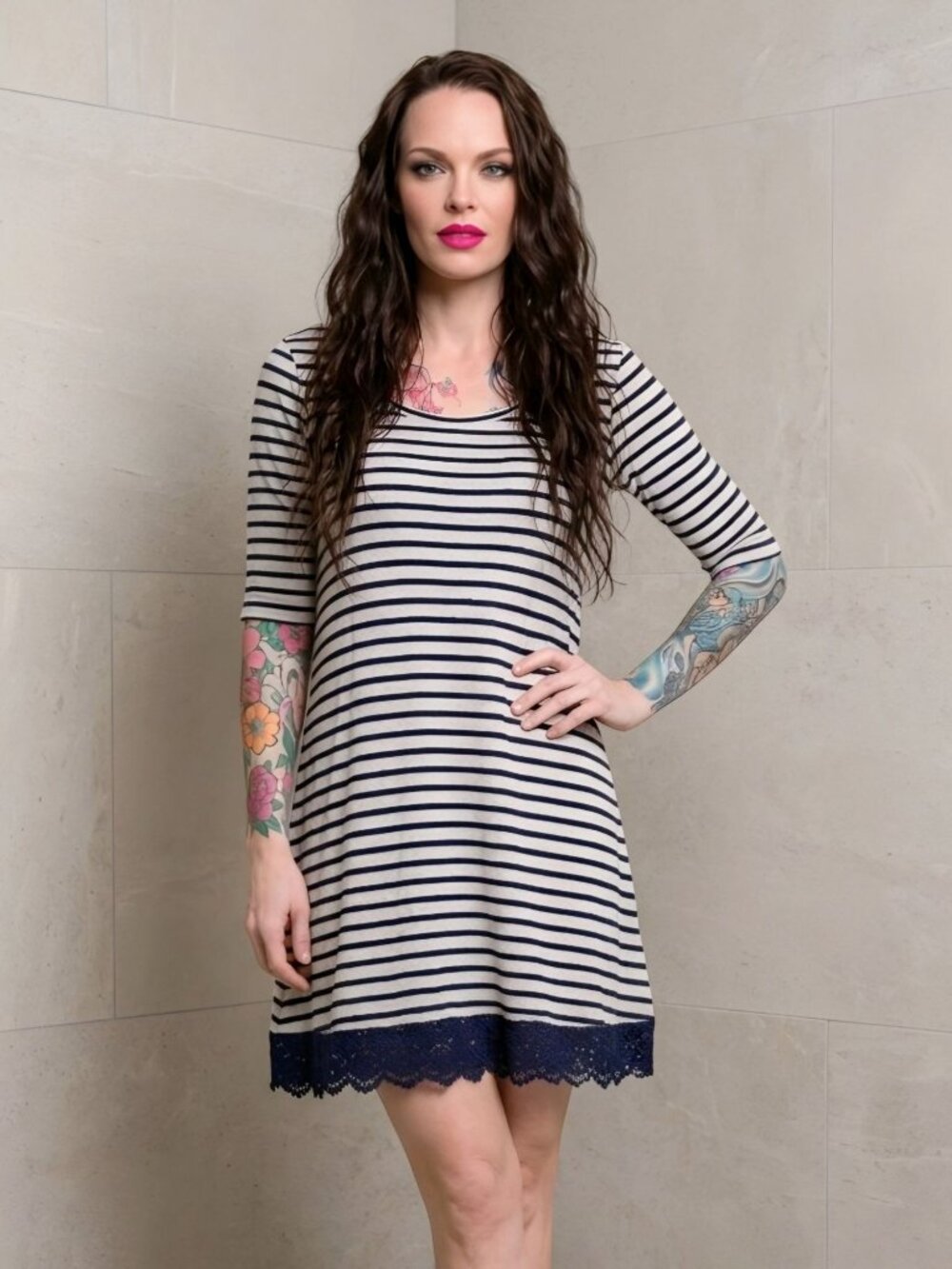 Red Camel Navy White Striped Half Sleeve Scoop Neck Crochet Lace Hem Dress EUC S